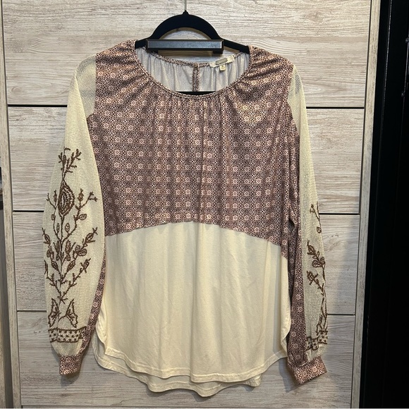 Gimmicks BKE Raw Edge Pieced Top in Creme Multi BOHO Peasant Prairie Sz S - Picture 4 of 7